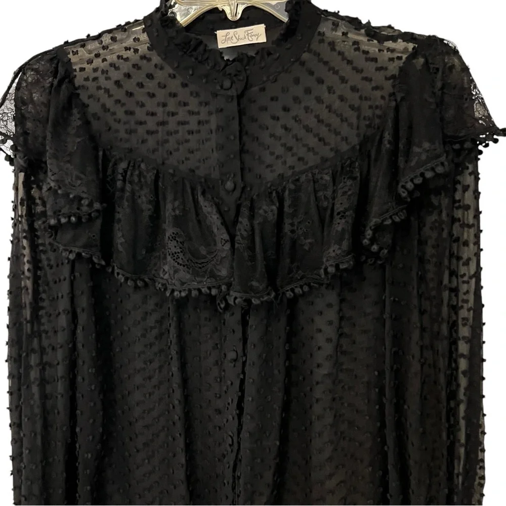 LoveShackFancy Erica SWISS DOT HIGH NECK LACE BLOUSE Ruffled Button Front Sheer - Picture 3 of 16